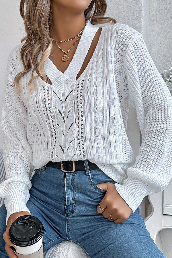 Casual Hollow V-neck Long-sleeved Knitted Sweater