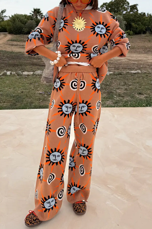 Mediterranean Art Knit Unique Sun Vortex Print Elastic Waist Wide Leg Pants