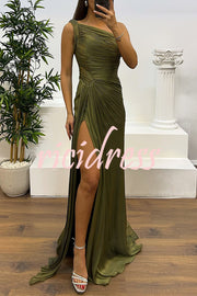 Fashion One-shoulder Pleated Ribbon Slim Slit Maxi Dress