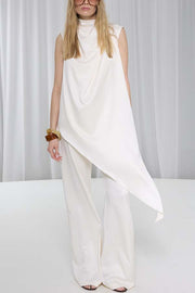 Simply Luxe Satin High Neck Irregular Hem Top and Elastic Waist Flare Loose Pants Set