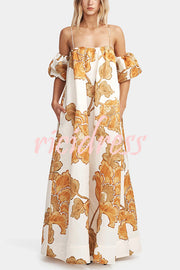 Floral Print Suspenders Puff Sleeves Loose Pocket Holiday Maxi Dress