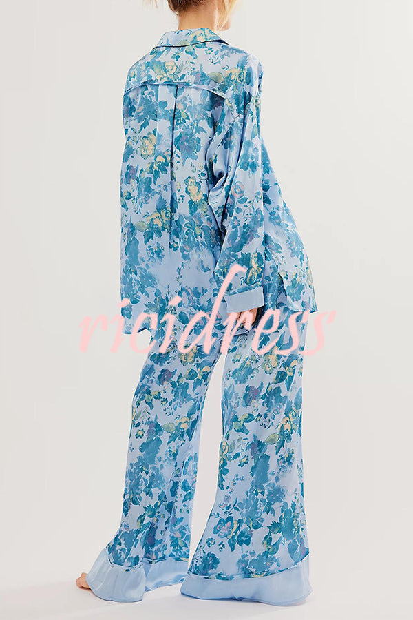 Unique Printed Lounge Long-sleeved Shirt and Elastic Waisted Baggy Pants Set