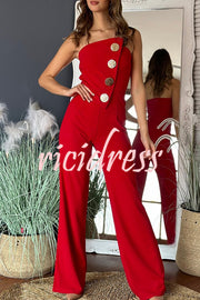 Solid Color Sexy Tube Top Gold Button Embellished Bootcut Jumpsuit