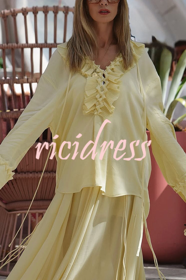 Solid Color Pleated Ruffled Tie Long Sleeve Loose Shirt