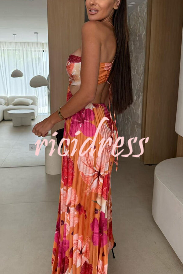 Casey Satin Floral Print Cutout Halter Back Tie-up Pleated Maxi Dress