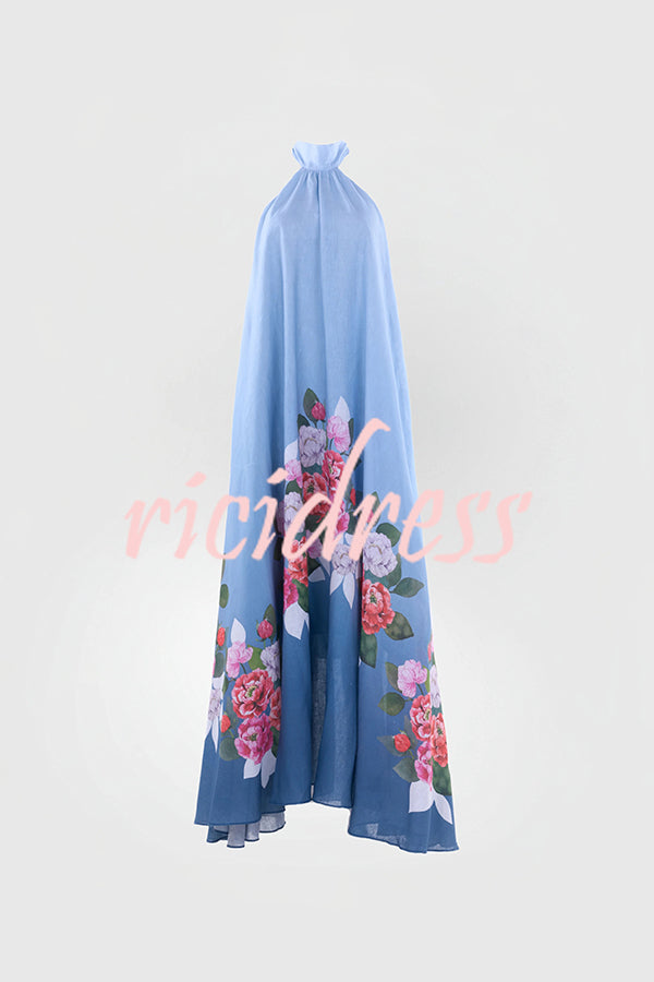 Blooming Flowers Satin Printed A-line Halter Tie-up Maxi Dress