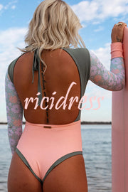 Floral Print Paneled Long-sleeved Open Back Stretch One-piece Swimsuit