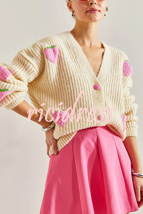 Stylish and Sweet V-neck Strawberry Embellished Knitted Cardigan