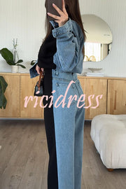 Sports Fashion Denim Patchwork Sweatshirt Fabric High Rise Pocket Loose Pants