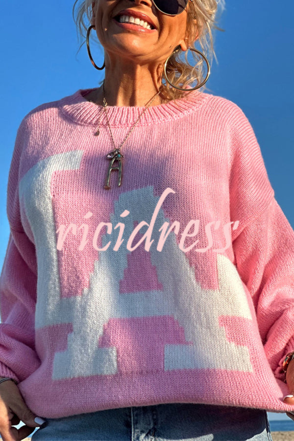 Letter Pattern Crew Neck Long Sleeve Loose Knit Sweater