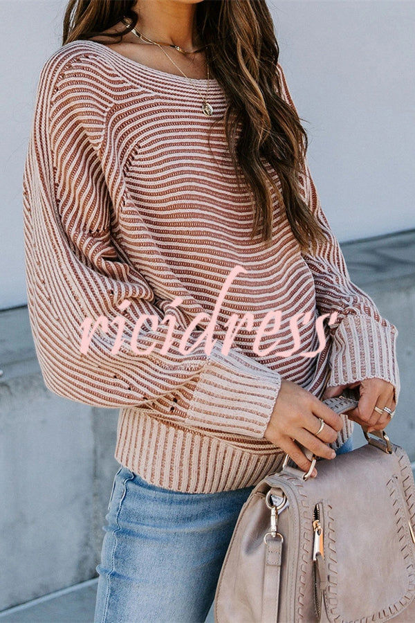 Knitted Striped Round Neck Dolman Sleeve Casual Loose Sweater