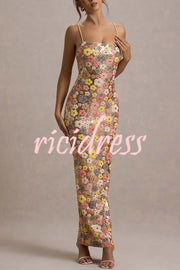 80's Inspired Floral Print Sequin Square Neck Slip Stretch Maxi Dress