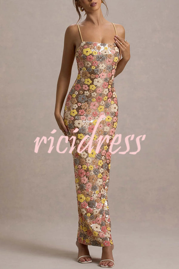 80's Inspired Floral Print Sequin Square Neck Slip Stretch Maxi Dress