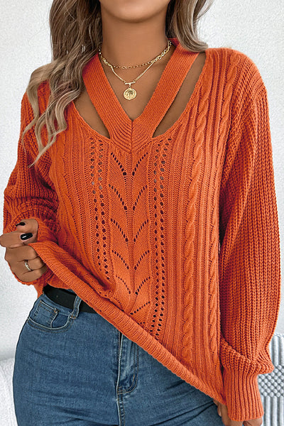 Casual Hollow V-neck Long-sleeved Knitted Sweater