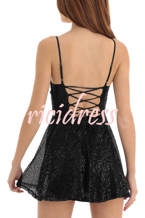 Stylish and Sexy Sequin Sling Backless Lace-up Mini Dress