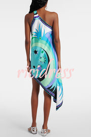 Naughty Lady Satin Unique Print One Shoulder Irregular Hem Vacation Midi Dress
