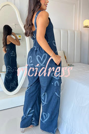 Fashion Cartoon Print Loose Round Neck Back Pleated Casual Pocket Wide Leg Jumpsuit