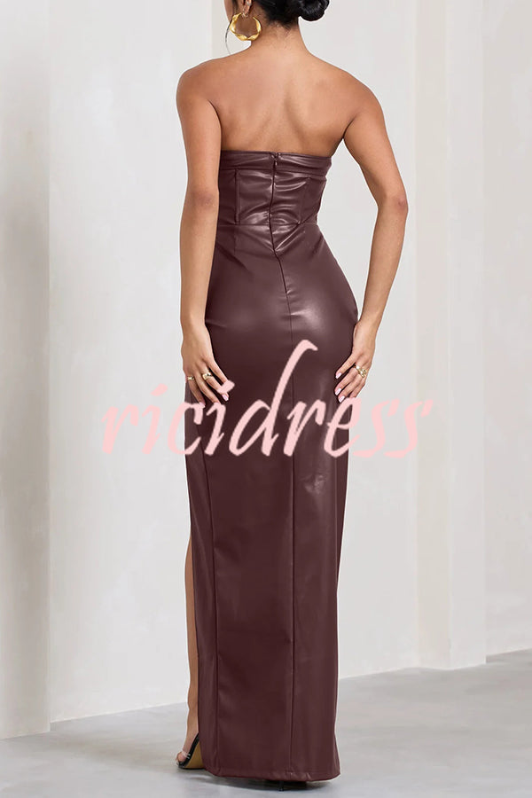 Sexy Meaning Faux Leather Strapless Bandeau Split Maxi Dress