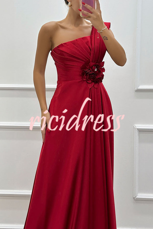 Nasha Satin Pleated One Shoulder Petal Gemstone Detail Pocket Slit Maxi Dress