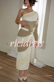 Soft Autumn Knit Colorblock One Shoulder Sleeve Ribbed Trim Loose Sweater