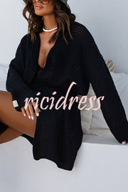 Solid Color Hollow Long Sleeve Loose Waist Tie Knitted Cardigan
