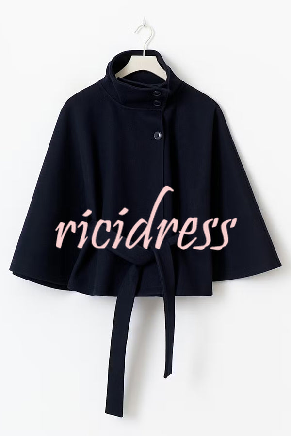 Fashionable Stand Collar Button Waist Tie Loose Cape