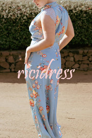 Anabelle Satin Lace Detail Floral Print High Cowl Neck Maxi Dress
