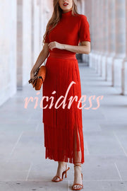 Elegant Tassel Hem Elastic Waist Casual Maxi Skirt