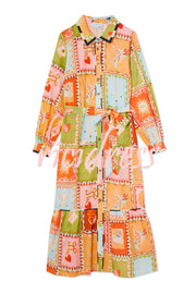 Linen Blend Unique Printed Long Sleeve Lapel Tie-waist Midi Dress