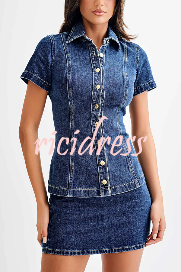 Modern Flavor Denim Short Sleeve Button Up Princess Seams Stretch Top