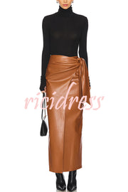 Snappy Casual Slay Faux Leather High Rise Wrap Tie-up Stretch Maxi Skirt