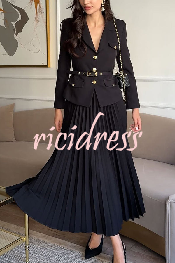 Solid Color Lapel Button Belt Blazer and Pleated Casual Maxi Skirt Set