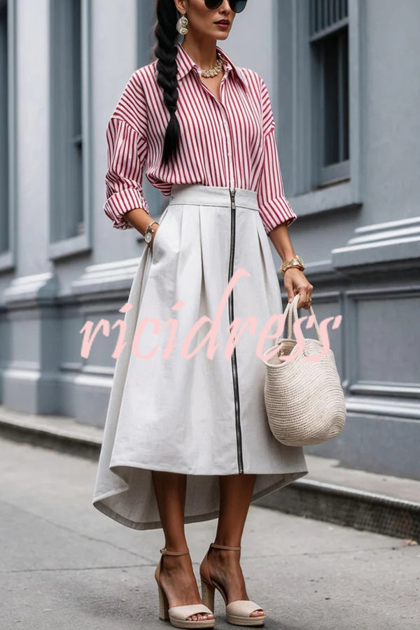 Effortless Charm Front Zipper Detail Pocketed High Low Pleated Midi Skirt