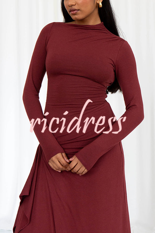 Venus Long Sleeve Ruched Side Slit Drape Ruffles Back Lace-up Stretch Maxi Dress