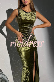 Solid Color Velvet Round Neck Sleeveless Slim Slit Maxi Dress