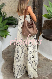 Linen Blend Floral Print Strappy Full-hem Backless Maxi Dress