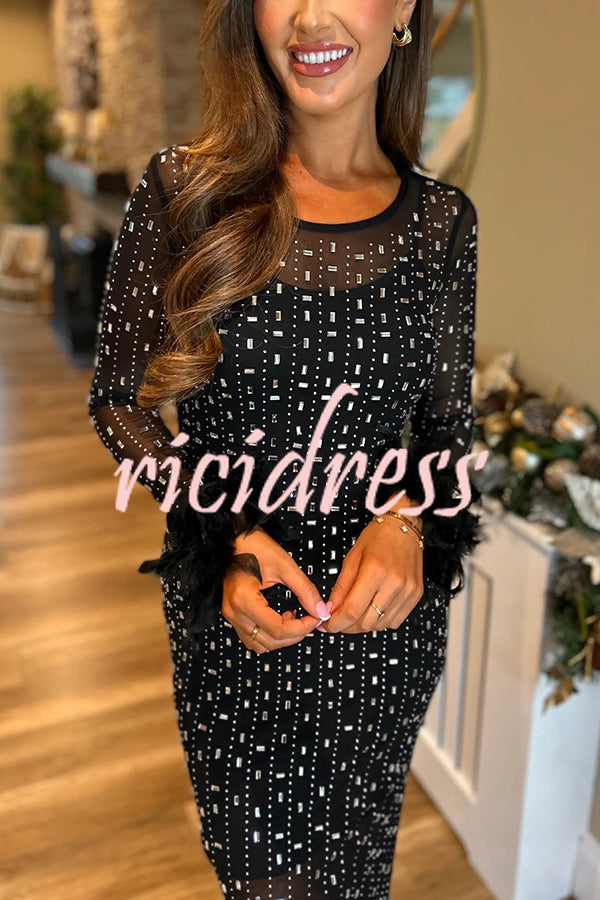 Sexy Long Sleeve Round Neck Feather Edge Rhinestone Decoration Slim Fit Maxi Dress