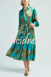 Resort Style satin Unique Printed Lapel Lantern Sleeve Lace-up Midi Dress