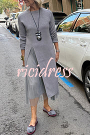 Jollie Knit Long Sleeve Front Slit Midi Sweater and Pleated Tulle Stretch Tank Midi Dress Two-piece Set