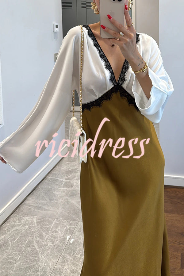 Lainei Contrast Color Satin Lace Trim V-neck Long Sleeve Maxi Dress