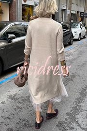 Jollie Knit Long Sleeve Front Slit Midi Sweater and Pleated Tulle Stretch Tank Midi Dress Two-piece Set