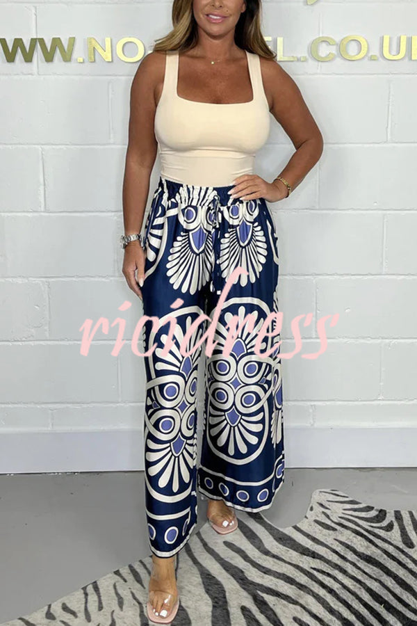 Satin Unique Printed Elastic Waist Tie Casual Vacation Loose Pants