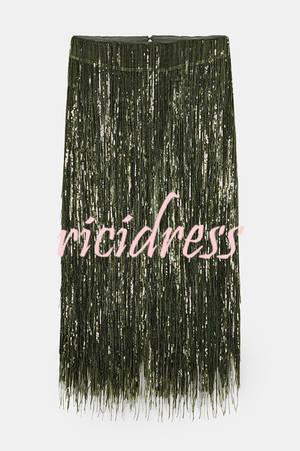 Stylish Sequined Tassel Elegant Midi Skirt