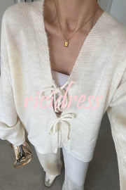 Solid Color V-neck Tie Long-sleeved Loose Knit Cardigan and Elastic Waist Casual Straight Leg Pants Set