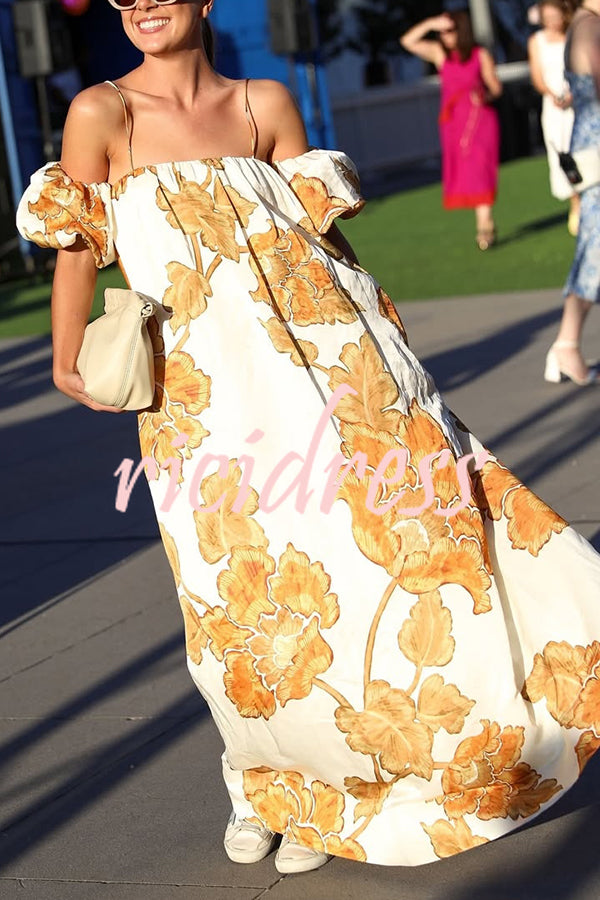Floral Print Suspenders Puff Sleeves Loose Pocket Holiday Maxi Dress