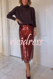 Upper East Chic Sequin Mesh Trim High Rise Slit Pencil Midi Skirt