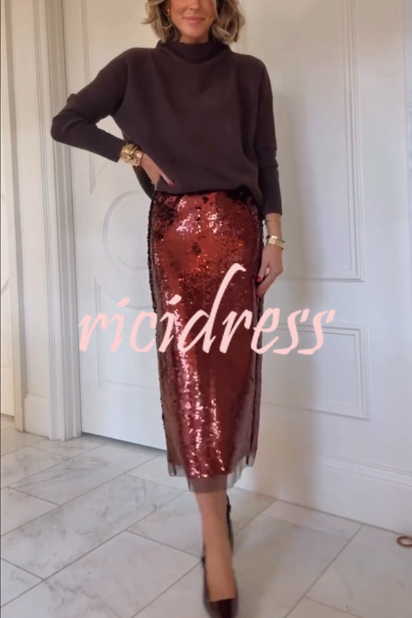 Upper East Chic Sequin Mesh Trim High Rise Slit Pencil Midi Skirt