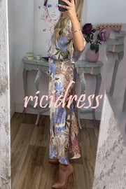 Satin Floral Print V-neck Half-sleeve Loose Top and Elegant Maxi Skirt Set