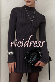 Solid Color Long-sleeved Slim-fit Elegant Knitted Mini Dress
