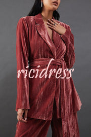 Solid Color Velvet Long-sleeved Waist Tie Top and Elastic Waist Casual Pocket Straight-leg Pants Set